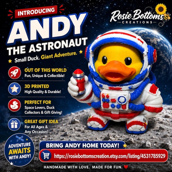 3D Printed Astronaut Duck Figurine- Andy the Astronaut Duck