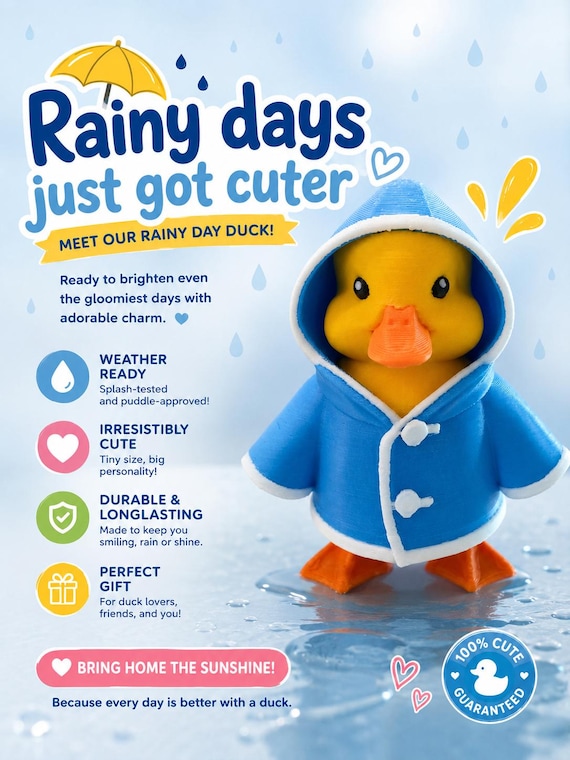 3D Printed Rainy Day Duck Figurine: Custom Character Art Toy