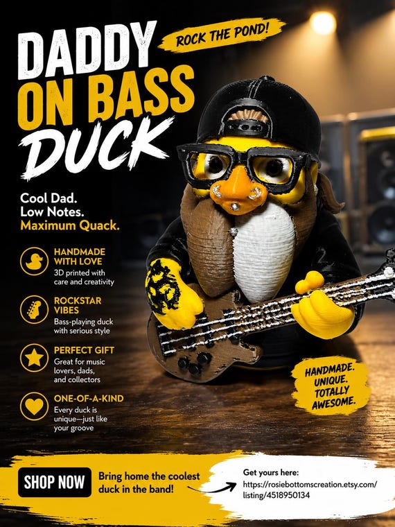 3D Printed Rock Star Daddy on Bass Duck Figurine: Custom Character Art Toy