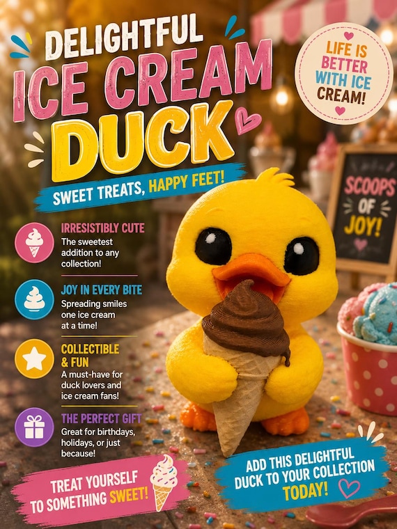 3D Printed Duckling Eating Ice Cream Figurine – Custom Desk Decor