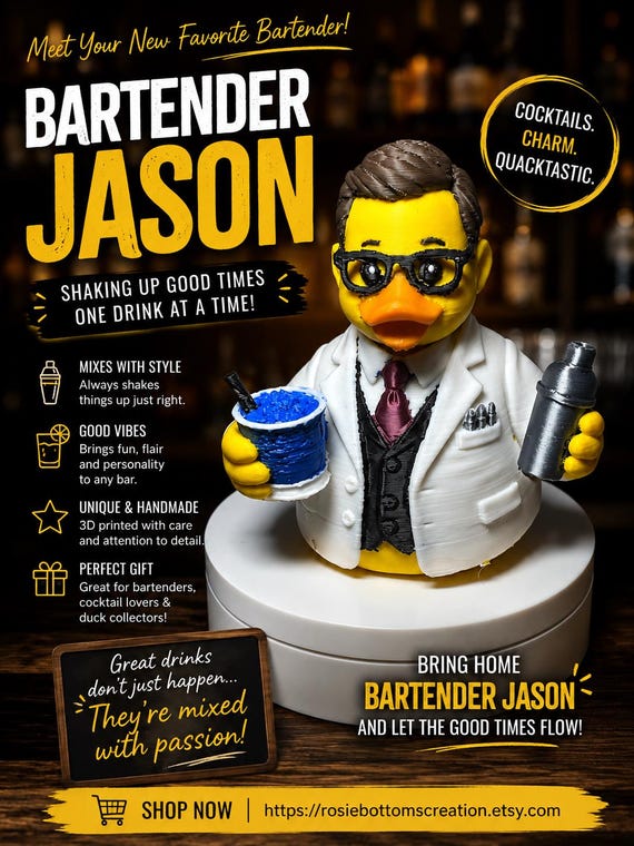 3D Printed Bartender Duck Figurine – Male Jason