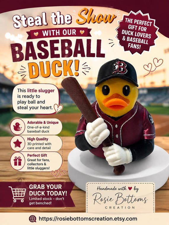 3D Printed Sports Baseball Duck, Custom Accessory Figurine