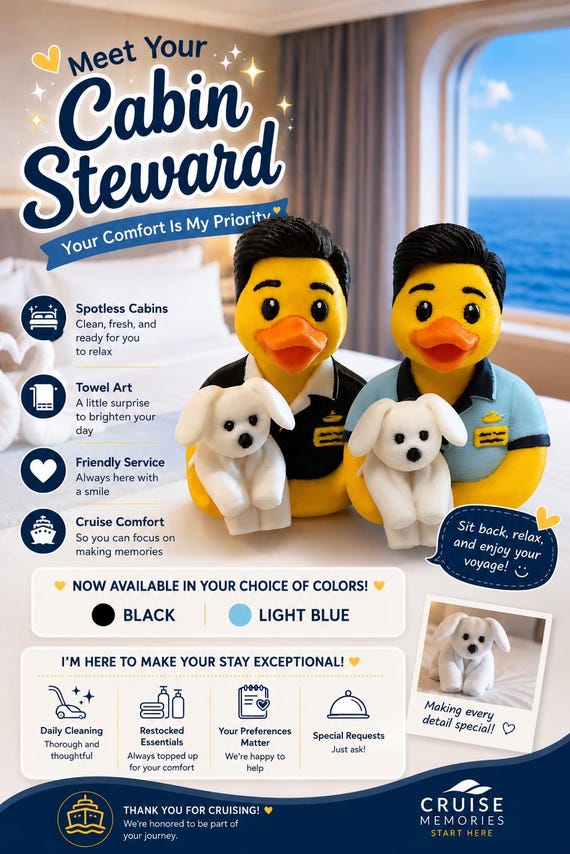 3D Printed Cabin Steward Duck Figurine Male: Black or Light Blue Uniform Toy