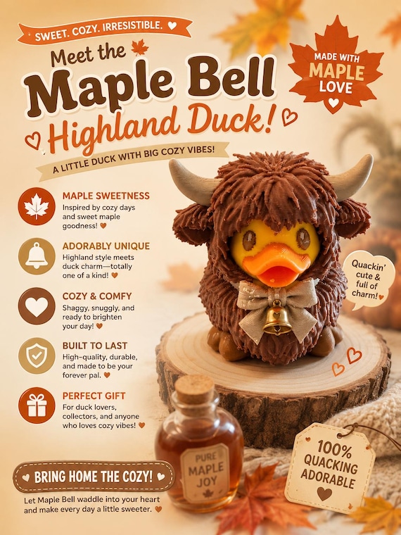 3D Printed Maple Belle Highland Cow Duck Figurine: Custom Character Art Toy