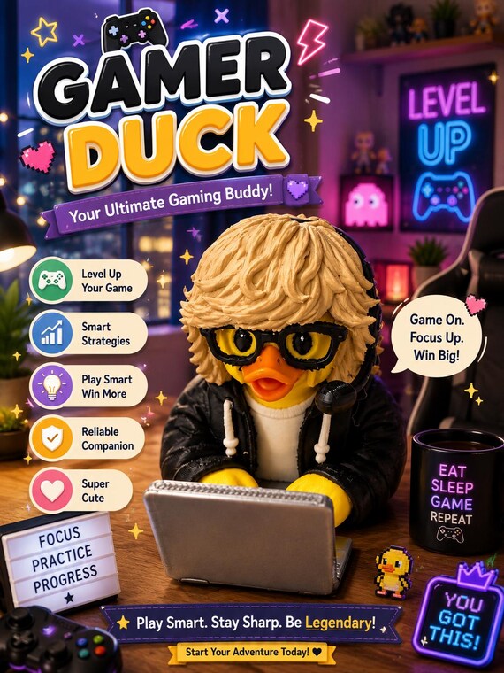 3D Printed Dylan the Gamer Duck Figurine: Custom Character Art Toy