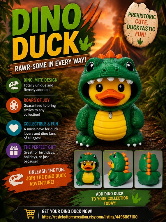 3D Printed Dinosaur Duck Toy – Custom Collectible Figurine