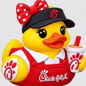 Puede incluir: Una figura de pato de goma amarillo que lleva una visera negra con el logotipo rojo de Chick-fil-A y un lazo rojo de lunares. El pato viste un delantal rojo sobre una camisa blanca con el logo de Chick-fil-A y sostiene un vaso blanco.