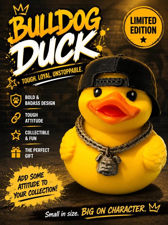 3D Printed Bulldog Billy Duck Toy, Custom Accessory Figurine