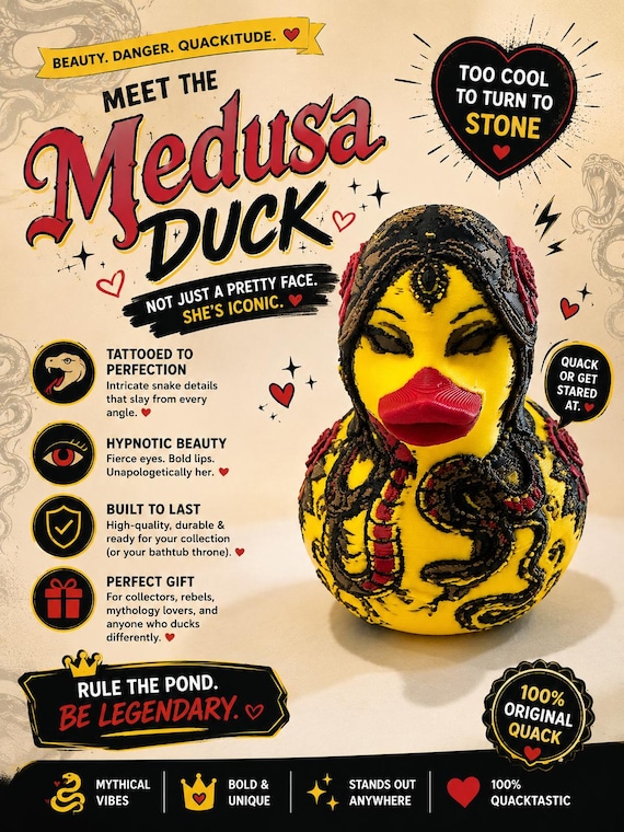 3D Printed Medusa Tattoo Duck Figurine: Custom Character Art Toy