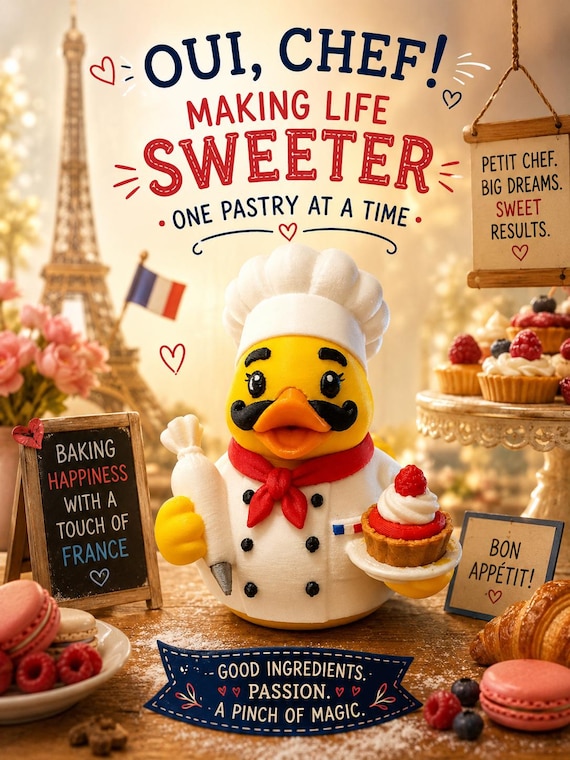 3D Printed Chef French Pastry Chef, Pierre Duck Figurine – Custom Collectible Toy