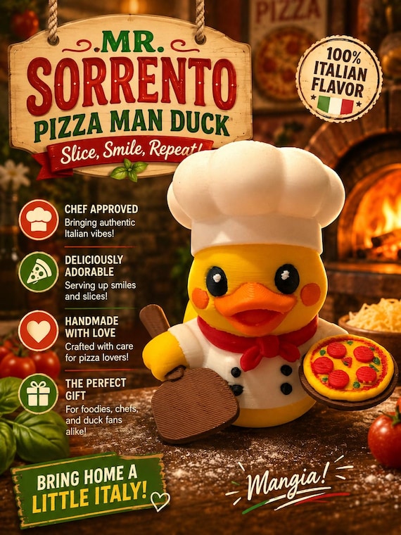 3D Printed Chef Mr. Sorrento Pizza Chef Duck Figurine – Custom Collectible Toy