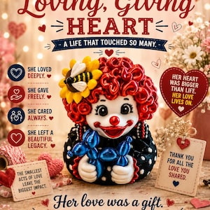 May include: A colorful image with text that reads "Remembering a Loving, Giving HEART." A clown figurine with red hair, a yellow flower hat, and a blue balloon dog is featured. The image includes hearts and text about love and legacy.