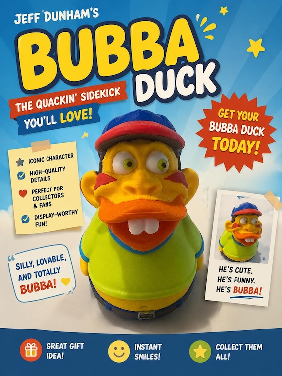 3D Printed J D Bubba Duck Figurine: Custom Character Art Toy