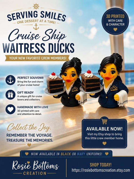 3D Printed Waitress Duck in black or navy: Waitress with Serving Tray Figurine