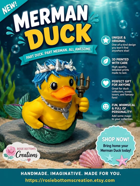 3D Printed Merman Duck Toy – Custom Fantasy Bath Accessory