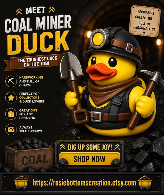 3D Printed Coal Miner Duck Figurine: Custom Character Art Toy