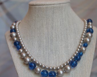 Cobalt Tide: Convertible Silver Pearl & Blue Crackle Glass Multi-Strand Necklace