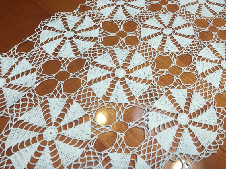 vases flowers by MarlenesAttic home decor Vintage Ivory Hand crochet lace table runner dresser scarf for housewares