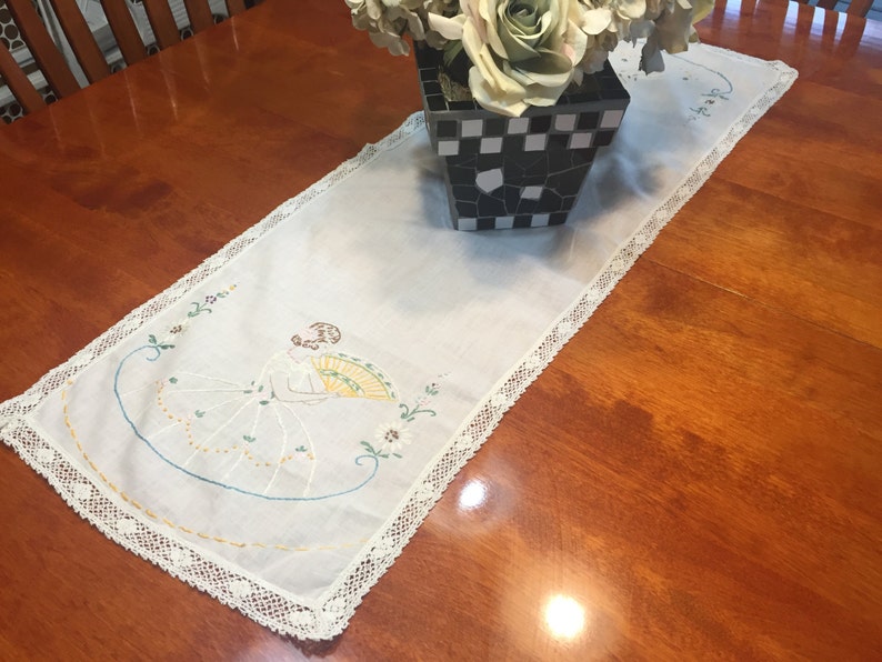 Vintage White Linen Dresser Scarf Table Runner With Lace Border
