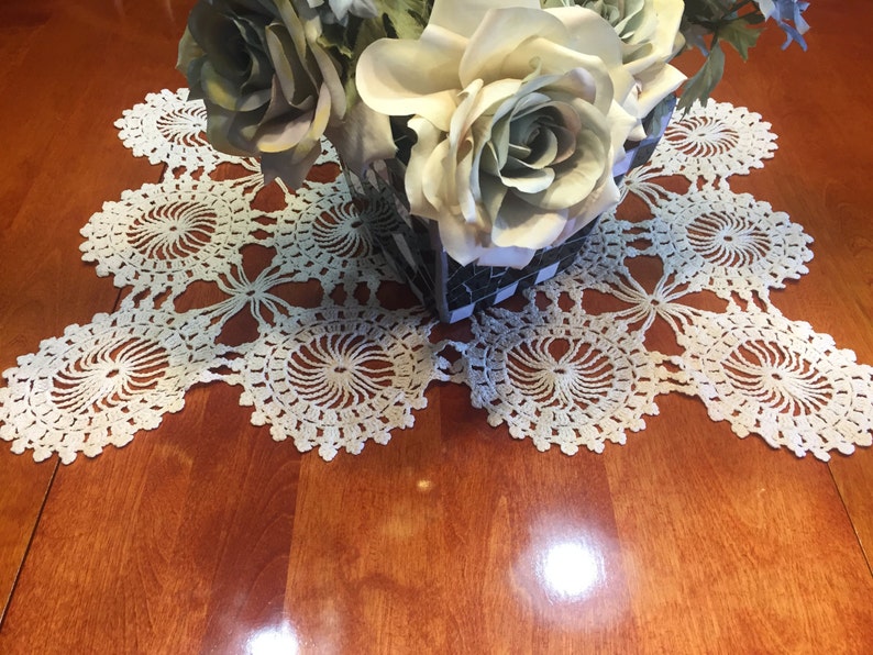 home decor vases Vintage Ivory Hand Crochet lace table runner dresser scarf for housewares flowers by MarlenesAttic