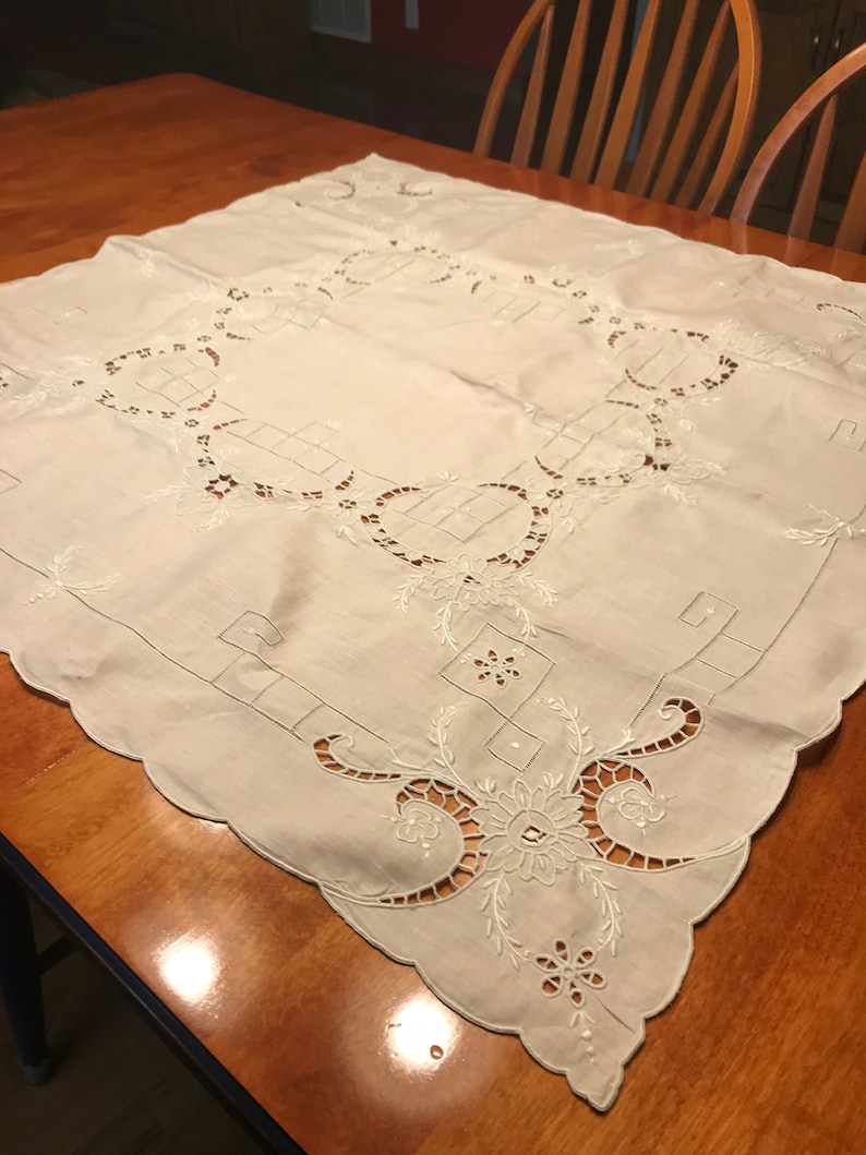 very shabby chic by MarlenesAttic Vintage Pink and White embroidered Dining Tablecloth for housewares and home decor