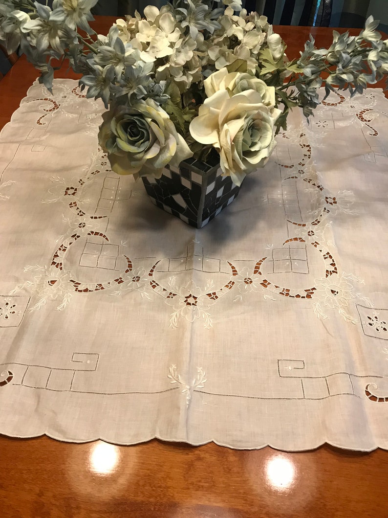 very shabby chic by MarlenesAttic Vintage Pink and White embroidered Dining Tablecloth for housewares and home decor