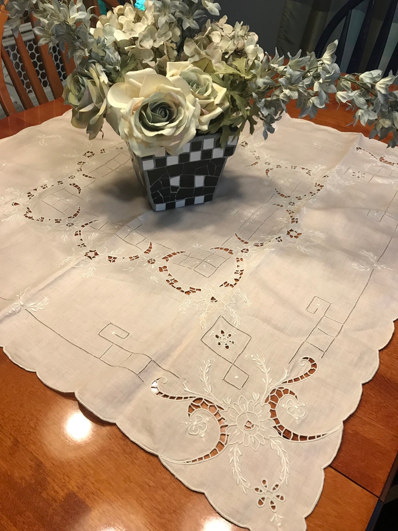 very shabby chic by MarlenesAttic Vintage Pink and White embroidered Dining Tablecloth for housewares and home decor
