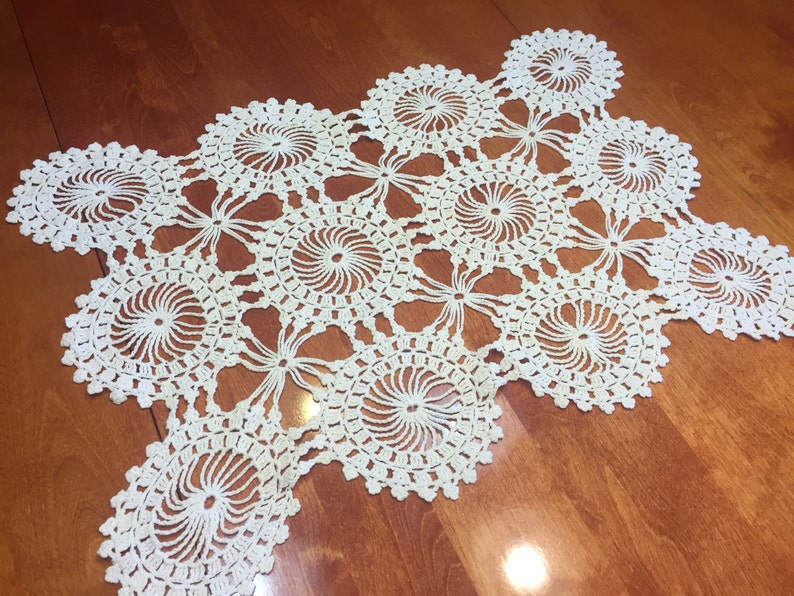 home decor vases Vintage Ivory Hand Crochet lace table runner dresser scarf for housewares flowers by MarlenesAttic