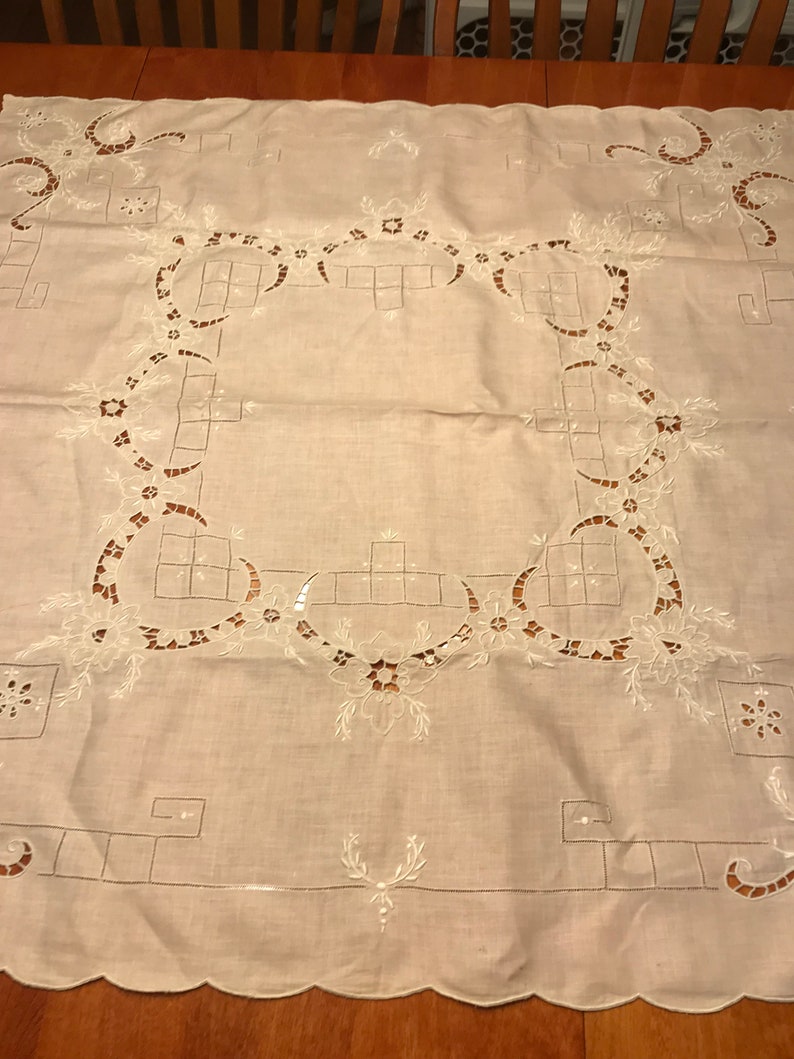 very shabby chic by MarlenesAttic Vintage Pink and White embroidered Dining Tablecloth for housewares and home decor