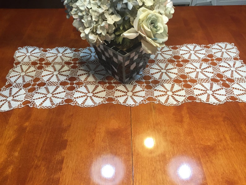 vases flowers by MarlenesAttic home decor Vintage Ivory Hand crochet lace table runner dresser scarf for housewares