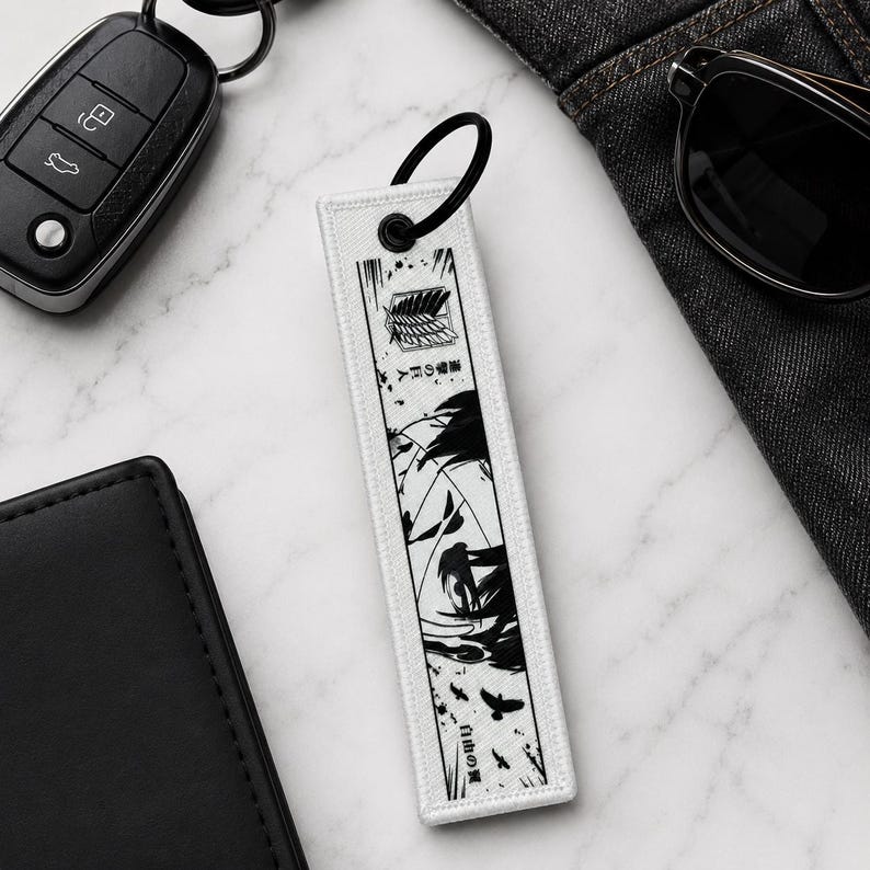 Anime Inspired Manga Keychain, Black and White Fabric Key Tag, Japanese ...