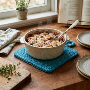 Könnte beinhalten: Eine runde, gesprenkelte Keramik-Auflaufform mit dampfendem Beeren-Cobbler steht auf einem leuchtend blauen, quadratischen Häkel-Untersetzer. Ein silberner Löffel liegt in der Schale, die zwei kleine Griffe und eine cremeweiße Oberfläche hat.