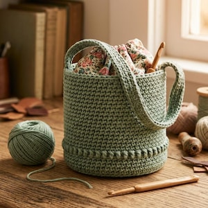 Può includere: Una borsa a secchiello lavorata all'uncinetto color verde salvia con base testurizzata e chiusura a coulisse in tessuto floreale. La borsa presenta un manico singolo ed è accompagnata da un gomitolo di lana e un uncinetto in legno.