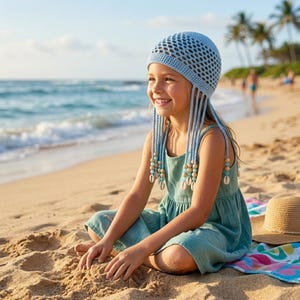 May include: A light blue crochet hat with dangling strands adorned with wooden beads and seashells. The hat is worn by a person wearing a teal dress, sitting on a sandy beach. A straw hat and a colorful towel are nearby.