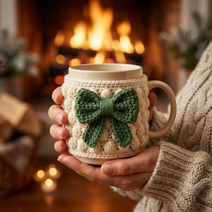 May include: A beige ceramic mug with a cream-colored knitted cozy featuring a green bow. The mug is held in front of a fireplace, creating a cozy, warm atmosphere. The knitted cozy has a textured, raised pattern.