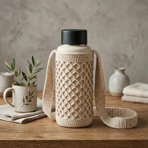May include: A cream-colored water bottle with a black lid is encased in a beige crocheted holder with a matching strap. The bottle sits on a wooden surface, with a mug and plant in the background. The holder has a diamond-shaped pattern.