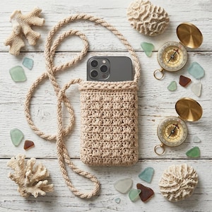 May include: A beige crocheted phone case with a braided strap, holding a smartphone. The case is surrounded by nautical elements like coral, sea glass, and two open brass compasses, all arranged on a white wooden surface.