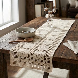 May include: A cream-colored rectangular crochet table runner featuring a repeating grid pattern of solid squares and openwork mesh borders. The runner is made of yarn and includes a small rectangular fabric label attached to the bottom edge.