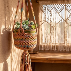 May include: A hanging crochet plant holder in shades of orange, yellow, and blue, filled with succulents. The holder has a tassel with wooden beads. The background includes a macrame window covering and a wooden surface.