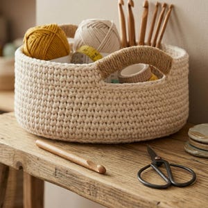 Crochet Basket Pattern Cotton Cord Storage Basket with Jute Handles Modern Boho Home Organizer  Instant Download PDF