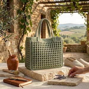Pode incluir: Uma bolsa tote de crochê verde-sálvia com um padrão de grade estruturado, duas alças superiores e uma base retangular. A bolsa é feita com um ponto denso e texturizado, exibindo um design de treliça quadrada uniforme nos painéis laterais.