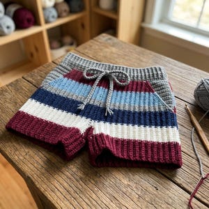 May include: Crocheted shorts featuring a ribbed texture and a horizontal striped pattern in shades of gray, light blue, navy blue, white, and maroon. The shorts include a gray elasticized waistband with a matching gray drawstring tie.