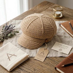 Könnte beinhalten: Beige gehäkelte Newsboy-Cap mit Knopfdetail. Die Mütze liegt auf einer Holzoberfläche mit einem Leinentuch, einem kleinen Kerzenhalter und einer Pflegeanleitung. Ein Etikett lautet "ARTHOUSE CROCHET".