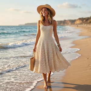 Könnte beinhalten: Ein beigefarbenes Häkelkleid mit eng anliegendem Oberteil und ausgestelltem Rock, kombiniert mit einem Strohhut und einer gewebten Tragetasche. Das Kleid hat ein geometrisches Muster und wird an einem Sandstrand am Meer getragen.