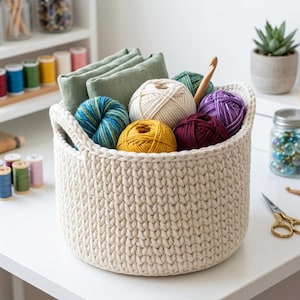 May include: A round, cream-colored, chunky knit storage basket filled with several balls of yarn in shades of blue, yellow, purple, and burgundy, along with folded sage green fabric and a wooden crochet hook tucked inside the basket.