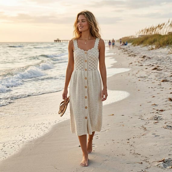 midi crochet beach dress Summer Dress, Minimal Summer Shell Stitch Midi, Shell Stitch Bodice A-line Skirt, Button-up Crochet for Women Crochet patterns Color:Picture color Dead-Stock-Sale-Fall25 Sacred style in every Our Long Crochet Beach