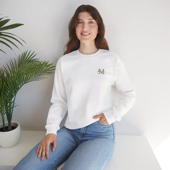Monogram M Floral Crest Sweatshirt | Small Chest Logo, White Crew by ModeComeTrue