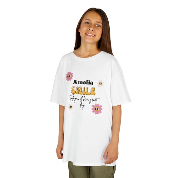 Amelia Smile kids tee | Floral smiley design, personalized name by ModeComeTrue