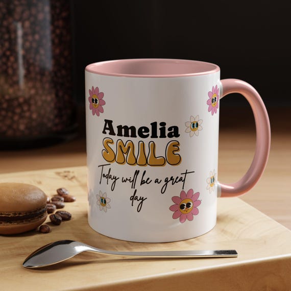 Personalized Amelia Smile Coffee Mug | Pink Accent 11oz or 15oz by ModeComeTrue