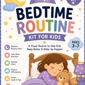 Puede incluir: Kit de rutina para la hora de dormir para niños, titulado "My Bedtime Routine Kit for Kids". La imagen muestra a un niño durmiendo con un osito de peluche. El kit incluye un PDF imprimible con un cuadro de rutina para la hora de dormir, actividades de calma y un cuadro de recompensas.